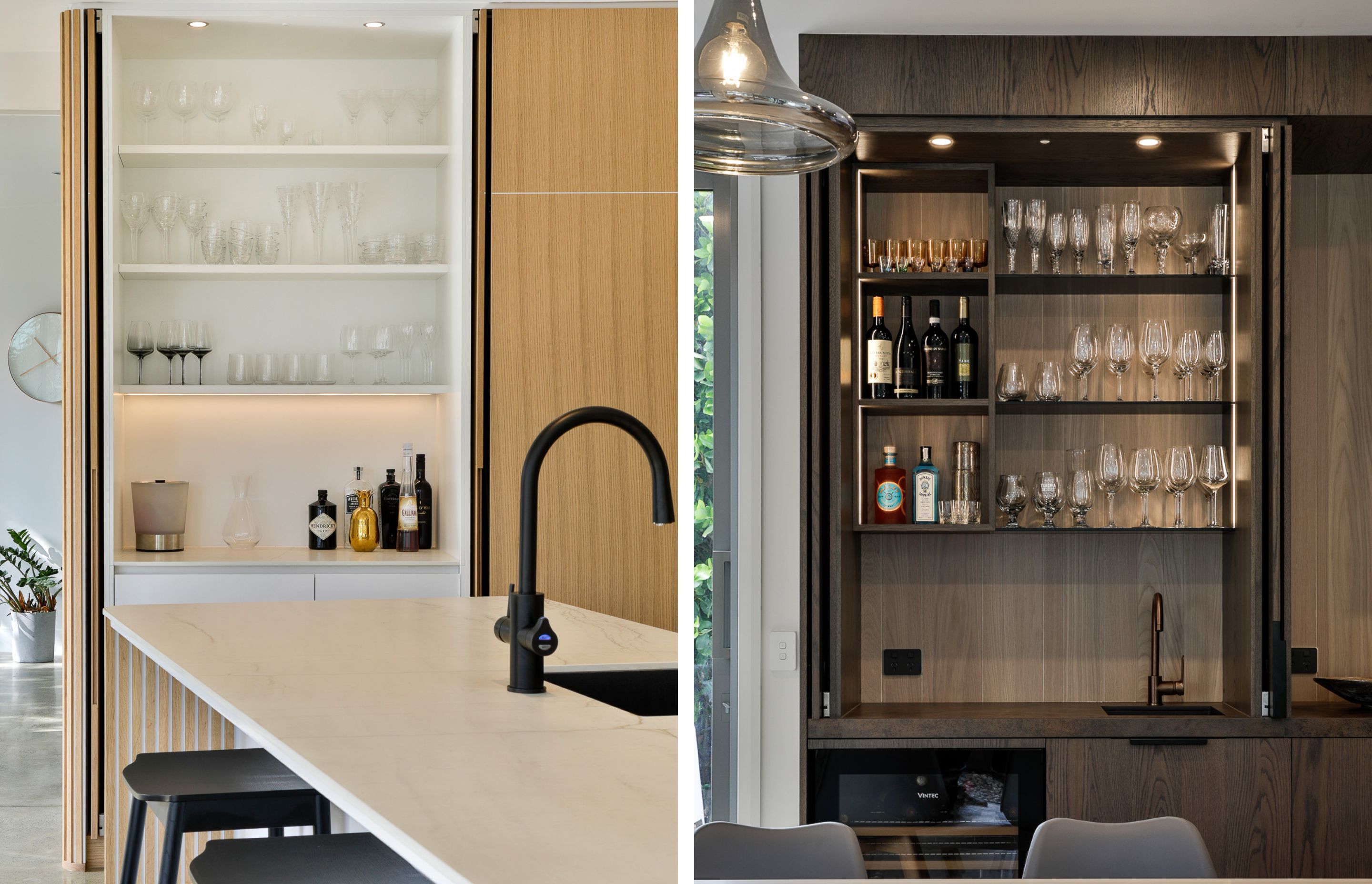 Häfele's Hawa Concepta Pocket Fold Sliding Doors system was incorporated into both of these kitchens for its ability to house the doors within the cavity, creating a flush look when fully open.