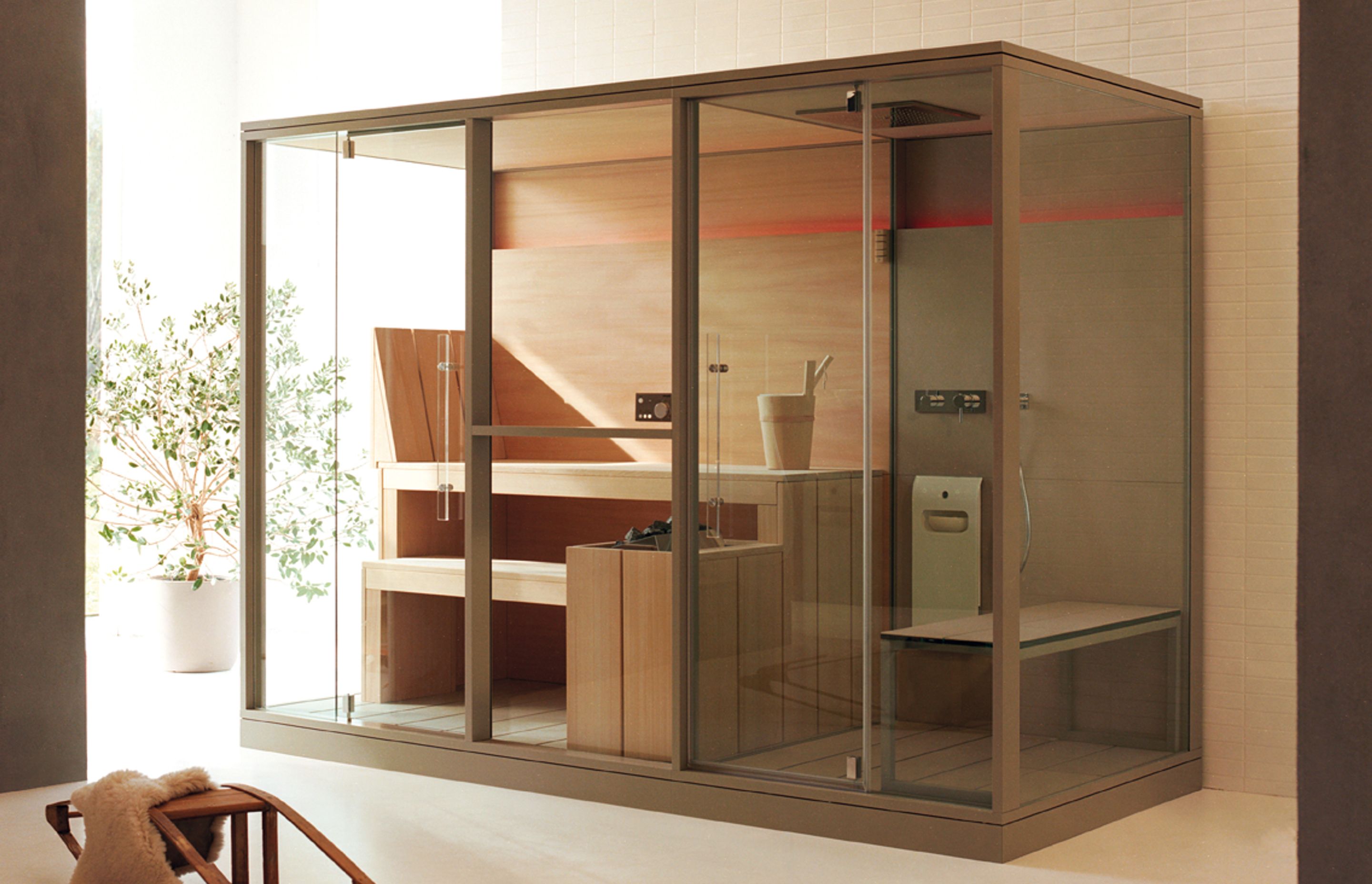 The Mid Sauna and Hammam Steam Shower System from Effe is a complete system offering the best of both worlds in one space-saving design.