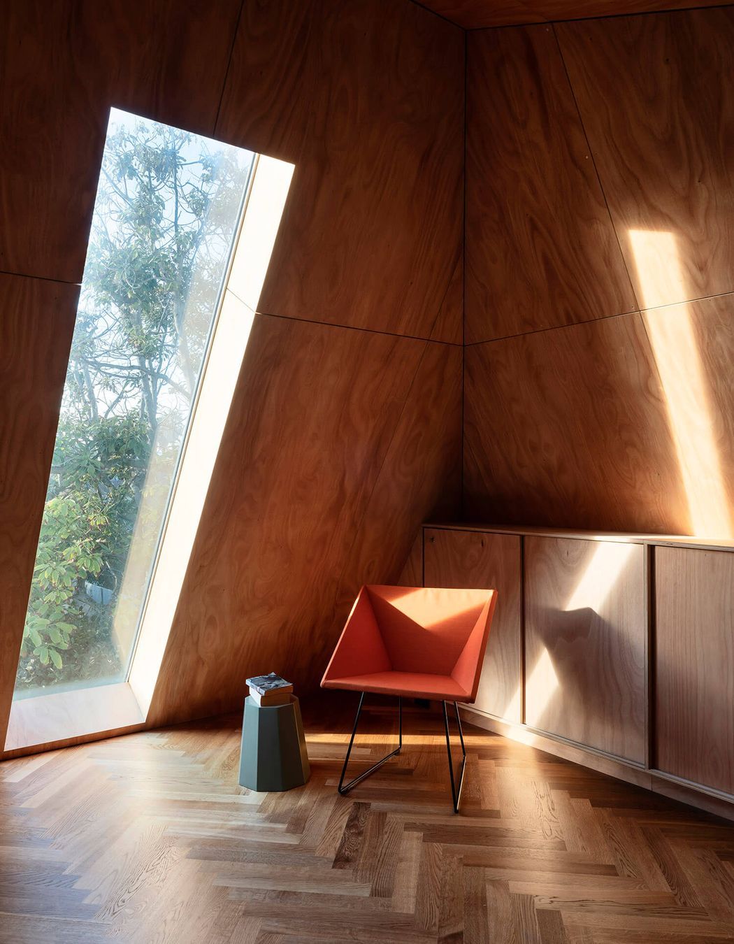 The mezzanine skylight allows morning sunlight to flood the home.