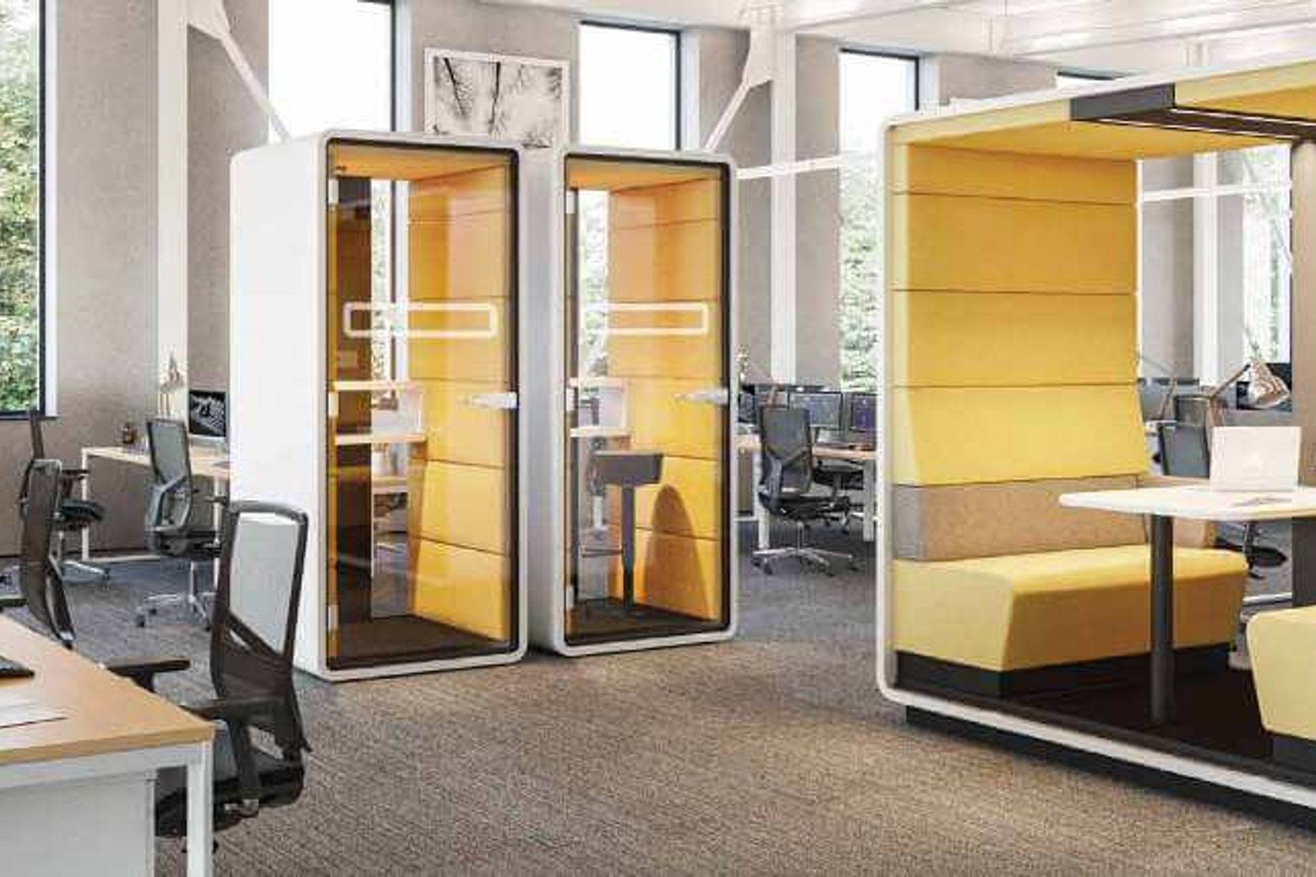 Hush Meet Open and Hush Phone Acoustic pods provide quiet areas for discussion or phone calls