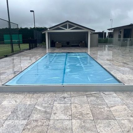 Silver Travertine Dropface Coping & Paving