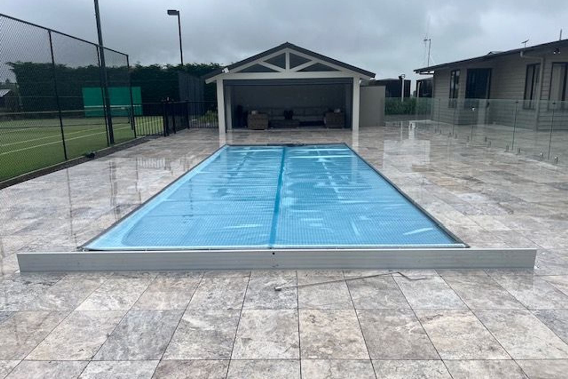 Silver Travertine Dropface Coping & Paving