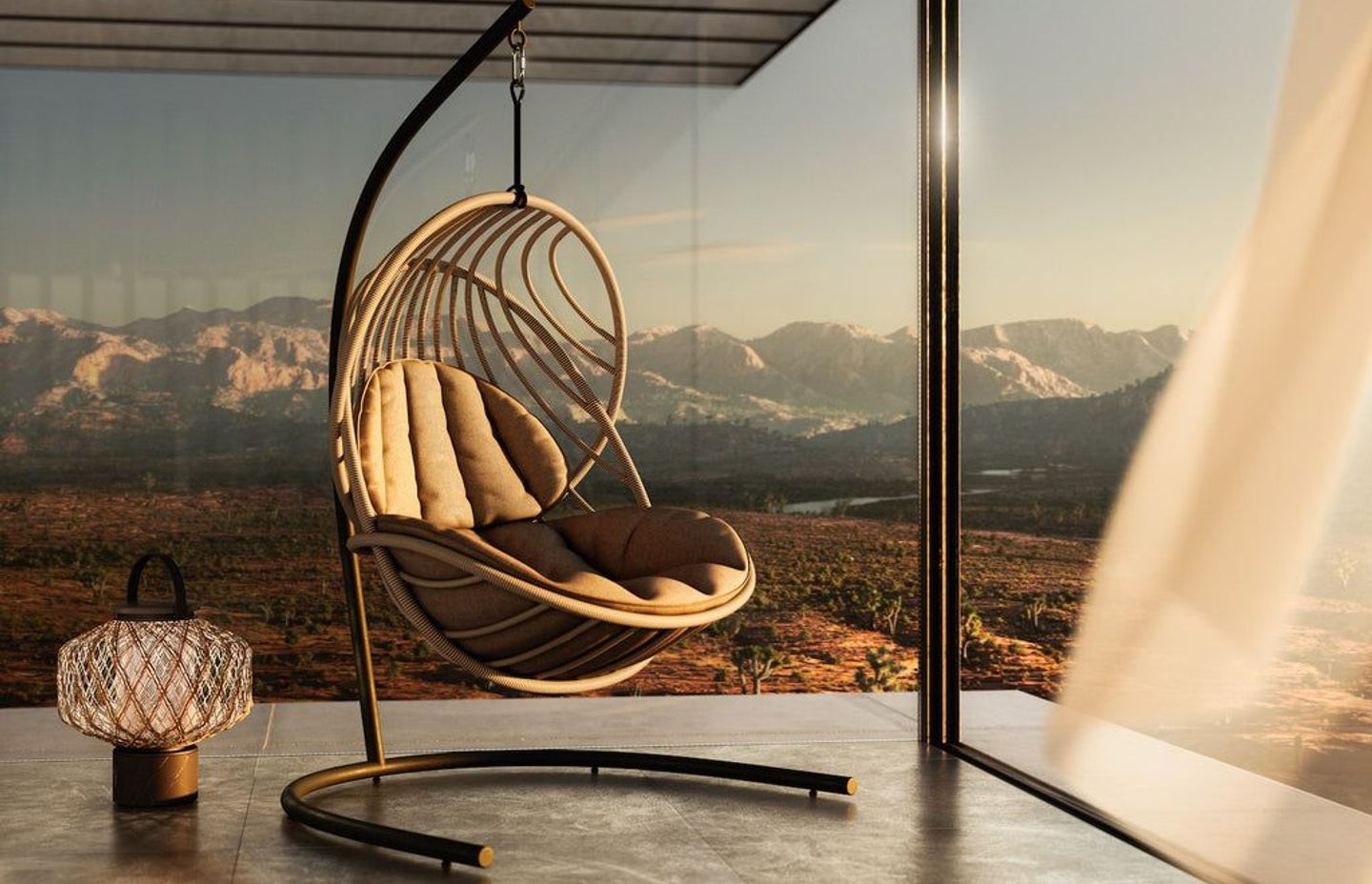 Stephen Burks’ Kida Hanging Lounge Chair and The Others outdoor lighting.