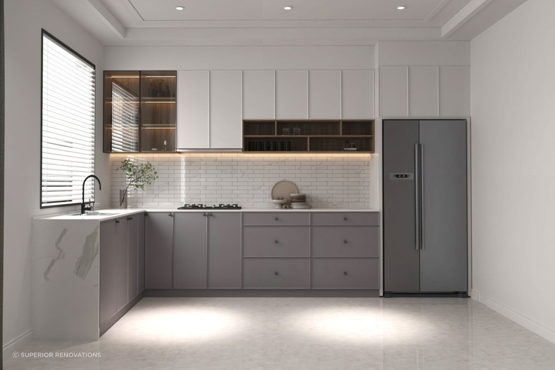 This rendering shows the placement of different lights at different levels. This shows the recessed lighting on the ceiling complemented by under cabinet lighting