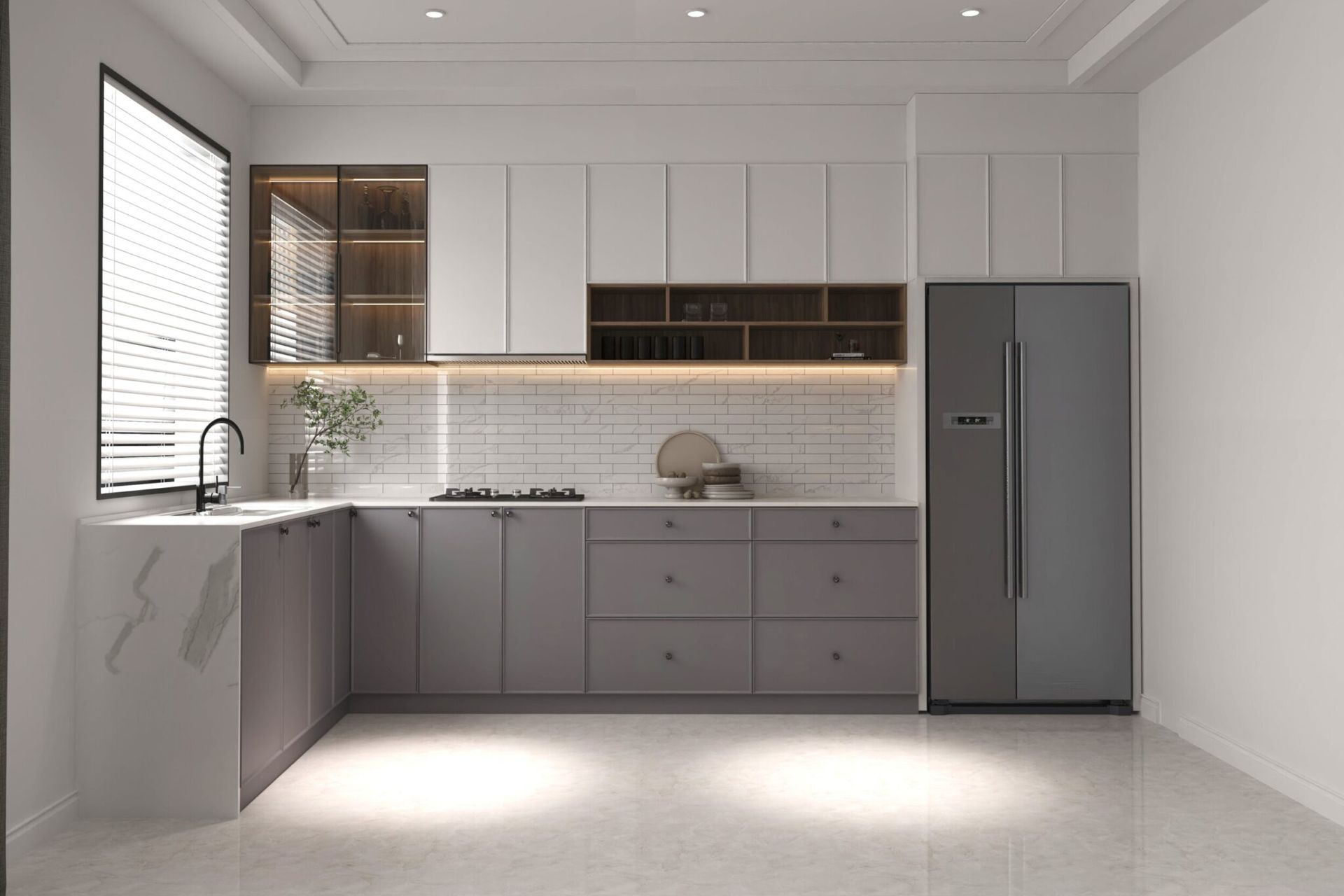 A soft kitchen design uses simple yet clever use of lighting for a warm kitchen design.