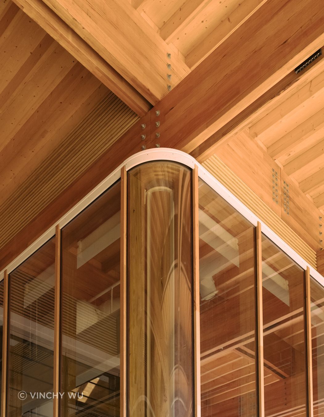 Close up perspective of MASSLAM glulam columns and beams working seamlessly together at AMRF First Building. Image: Vinchy Wu