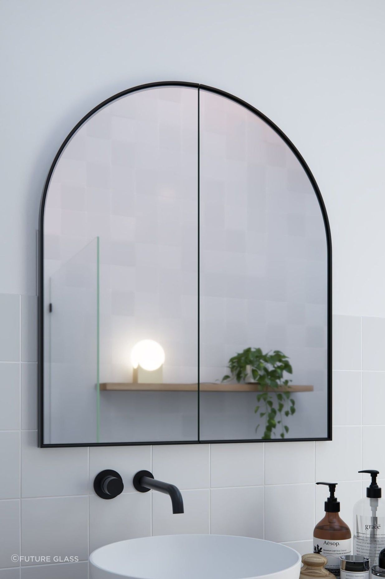 This arch mirror suits Mediterranean style bathrooms. Featured product: Arch Mirror Cabinet