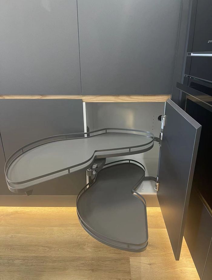 Magic corner in our kitchen showroom for our matte black modern kitchen