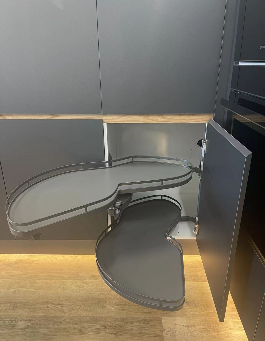 Magic corner in our kitchen showroom for our matte black modern kitchen