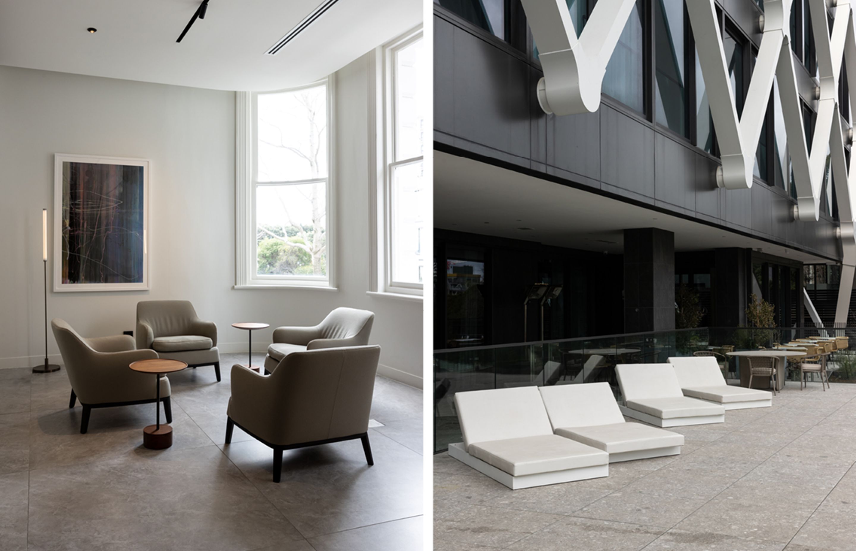 Febo armchairs have been teamed with '9' side tables in the concierge area, while poolside, Chill recliners sit alongside Tobi ishi tables and Erica dining chairs.