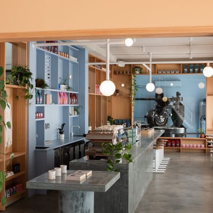 This vibrant coffee shop offers a breezy respite from its industrial surroundings
