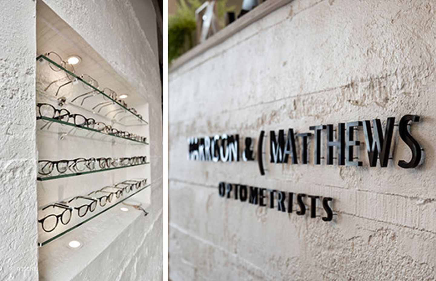 Muros Grey Roughcast Concrete wall panels were installed horizontally on walls, columns and the front counter then painted in Resene Black White at Harrison &amp; Mathews Optometrists in Ponsonby, Auckland. Design by The Fit Out Company.