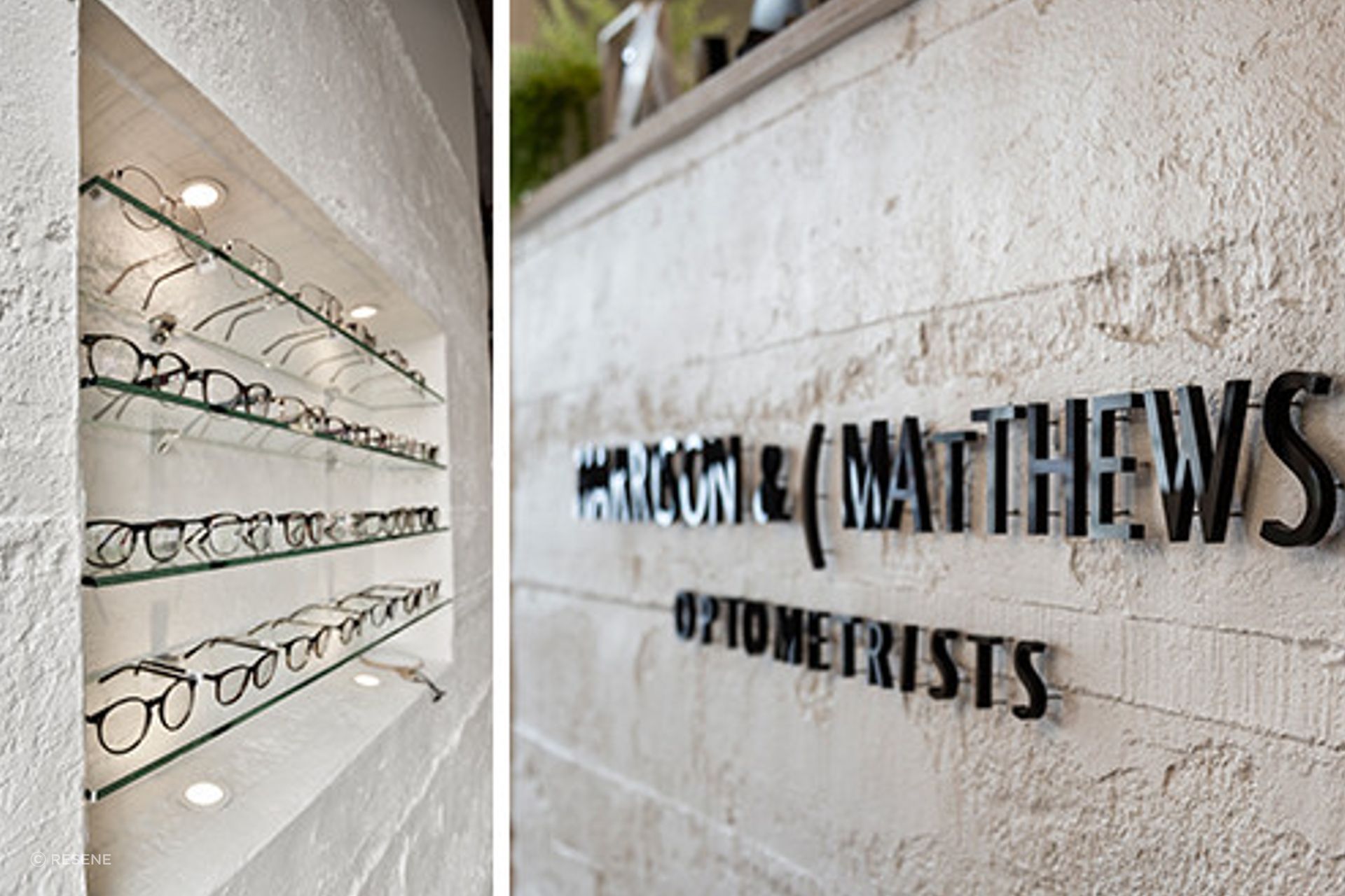 Muros Grey Roughcast Concrete wall panels were installed horizontally on walls, columns and the front counter then painted in Resene Black White at Harrison &amp; Mathews Optometrists in Ponsonby, Auckland. Design by The Fit Out Company.