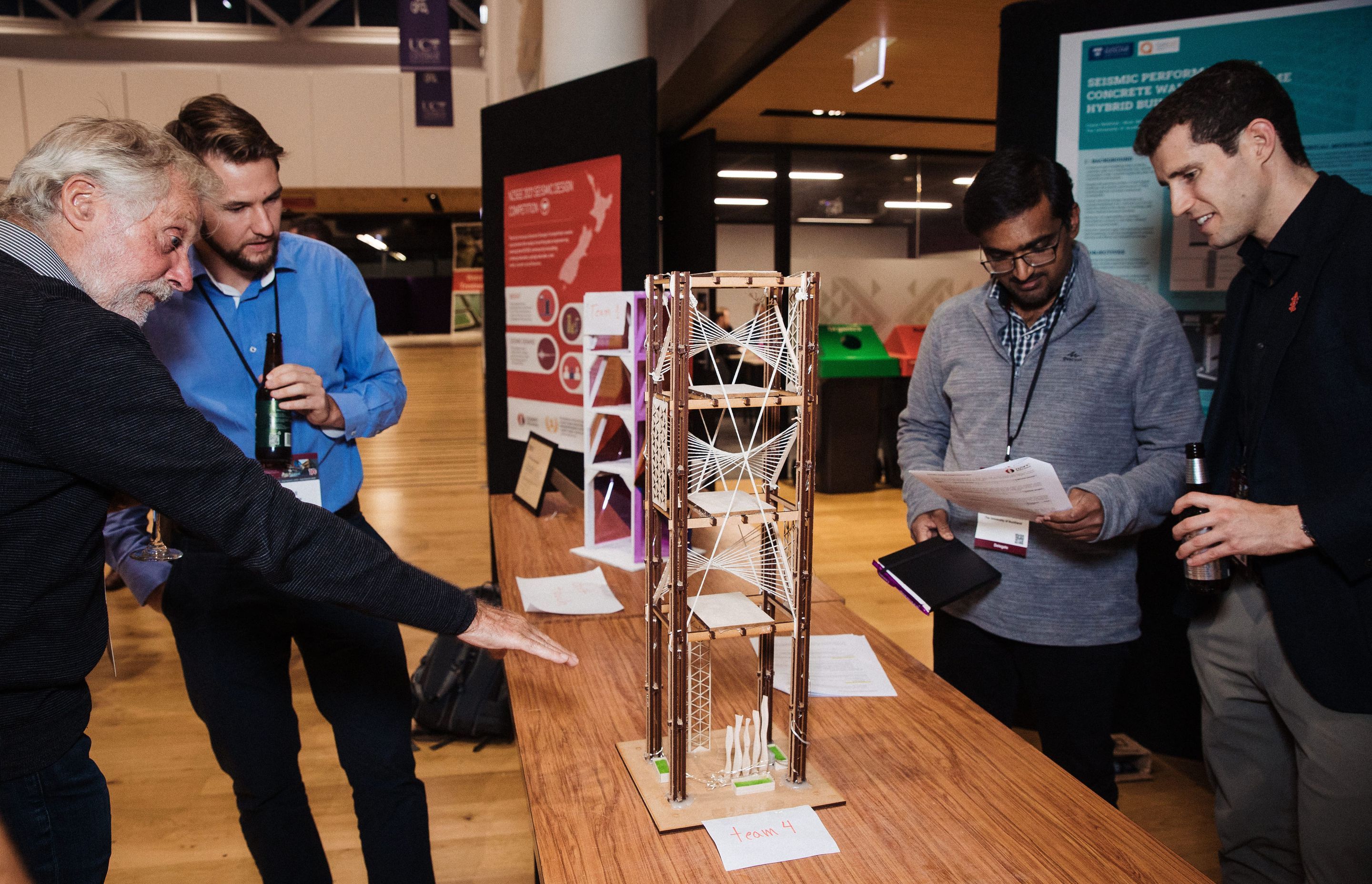 NZSEE organised a design competition in which teams of young professional engineers and post-graduate students designed and constructed a scale model building, which were then tested for seismic resilience at the conference.