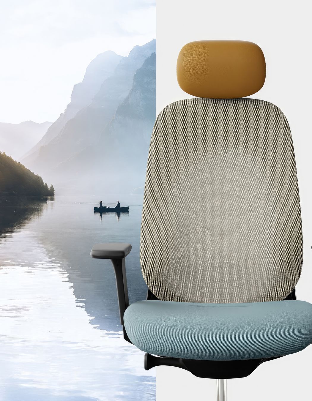 One of three combo's that form the 'Mindful nature seeker' colour trend - In combination of the tactile seat surface to the translucent mesh backrest, combining harmonic contrasts with soft pastels to reflect lightness and generate an overall calm expression.
