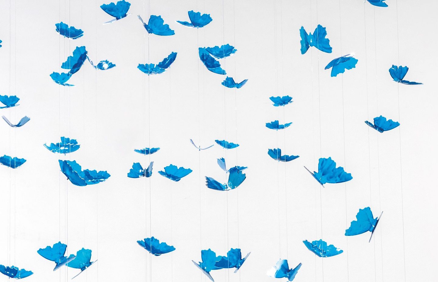 Dreamcatcher Chandelier is a "broken-down dreamcatcher" by Annalù who created a falling composition of hundreds of butterflies in hand-painted glass, each of different sizes.