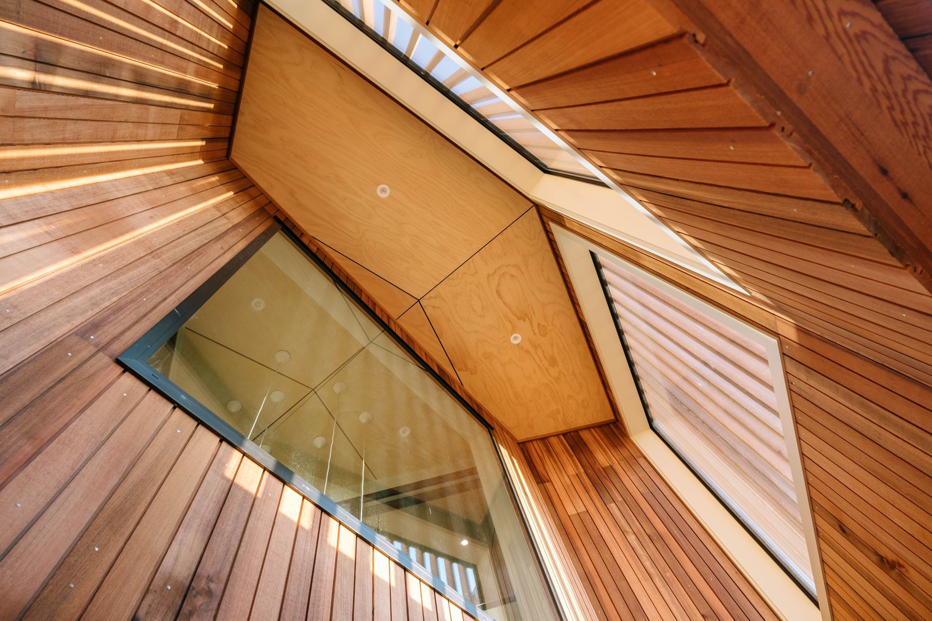 The front porch's birch plywood ceiling.