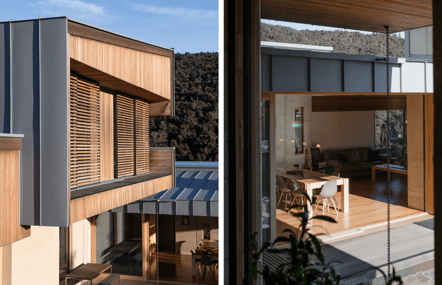 The exterior material palette comprises rammed earth, timber and zinc-coated aluminium. The home's design evolved from traditional Japanese ideals of the ‘house as garden’, with spaces designed to be moved through and that offer glimpses of what is to com