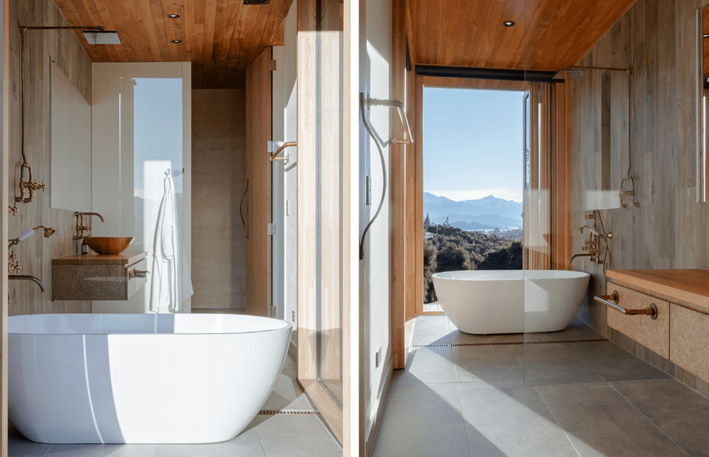 The free-standing bath, in the main ensuite, sits within its own enclave with bi-folding doors that open directly to the deck while the wet-area shower features an industrial-style exposed copper pipe shower rail.