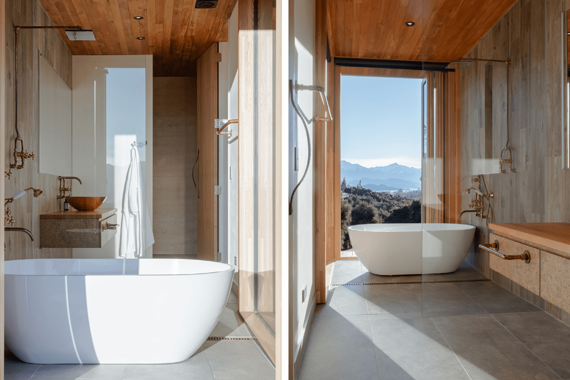 The free-standing bath, in the main ensuite, sits within its own enclave with bi-folding doors that open directly to the deck while the wet-area shower features an industrial-style exposed copper pipe shower rail.