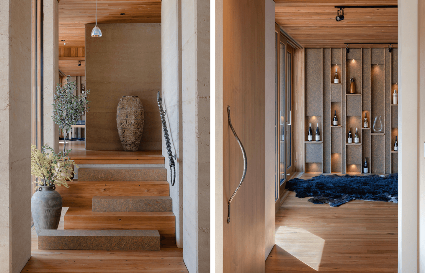 Strand board elements can be found throughout the home, in this instance as every second stair and also on the custom feature wall in the second lounge, which displays some of the owner's—a wine maker—collection of wines.