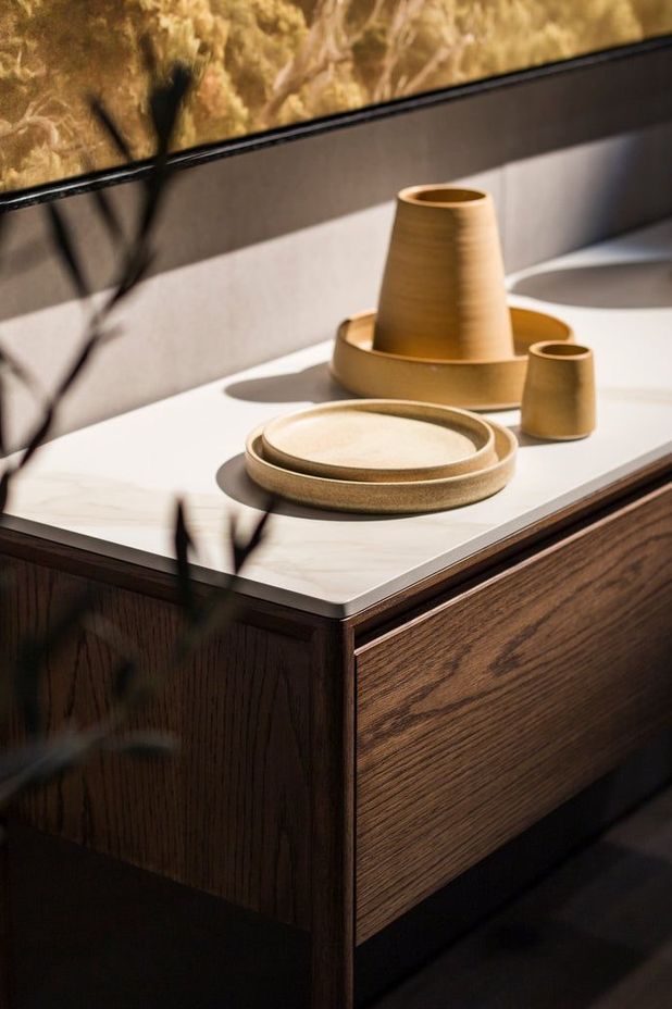 Otway console in light walnut with porcelain top