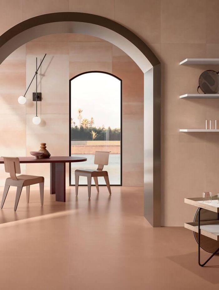 Pictured: Overclay series: Cotto on floor, Rose on walls with Petra Warm feature wall