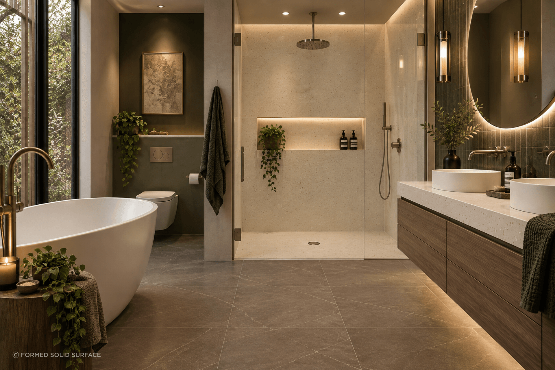 Warm, refined and specification-led. A cohesive solid surface palette brings the shower base, wall panels, niche and vanity together within a contemporary architectural bathroom.