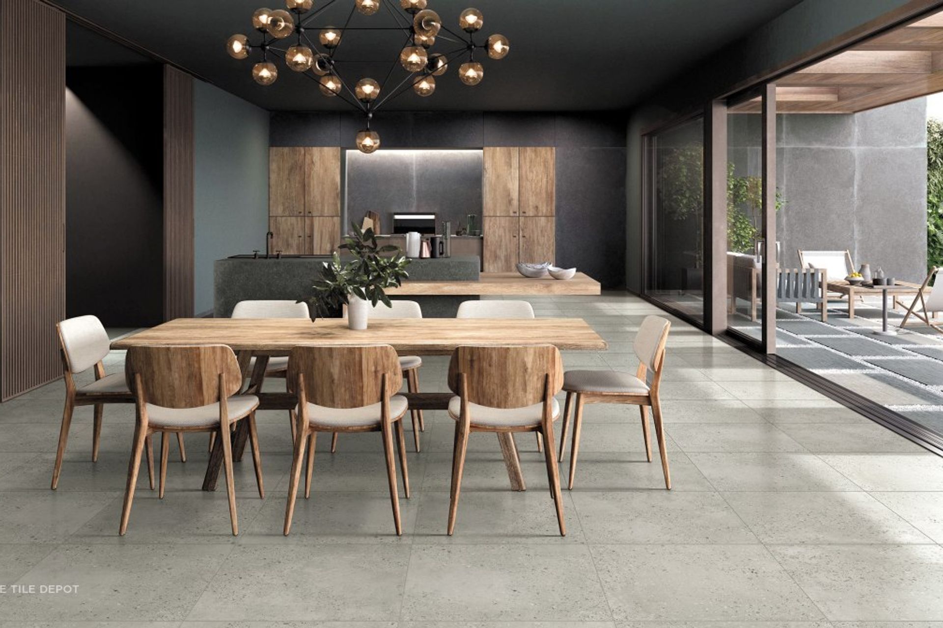 These glazed porcelain tiles give a high end natural stone look because of their grey matte finish. The appearance of grout lines is also minimal because the grout lines are very thin and almost match the colour of the tiles. (Porfido collection, Tile Dep