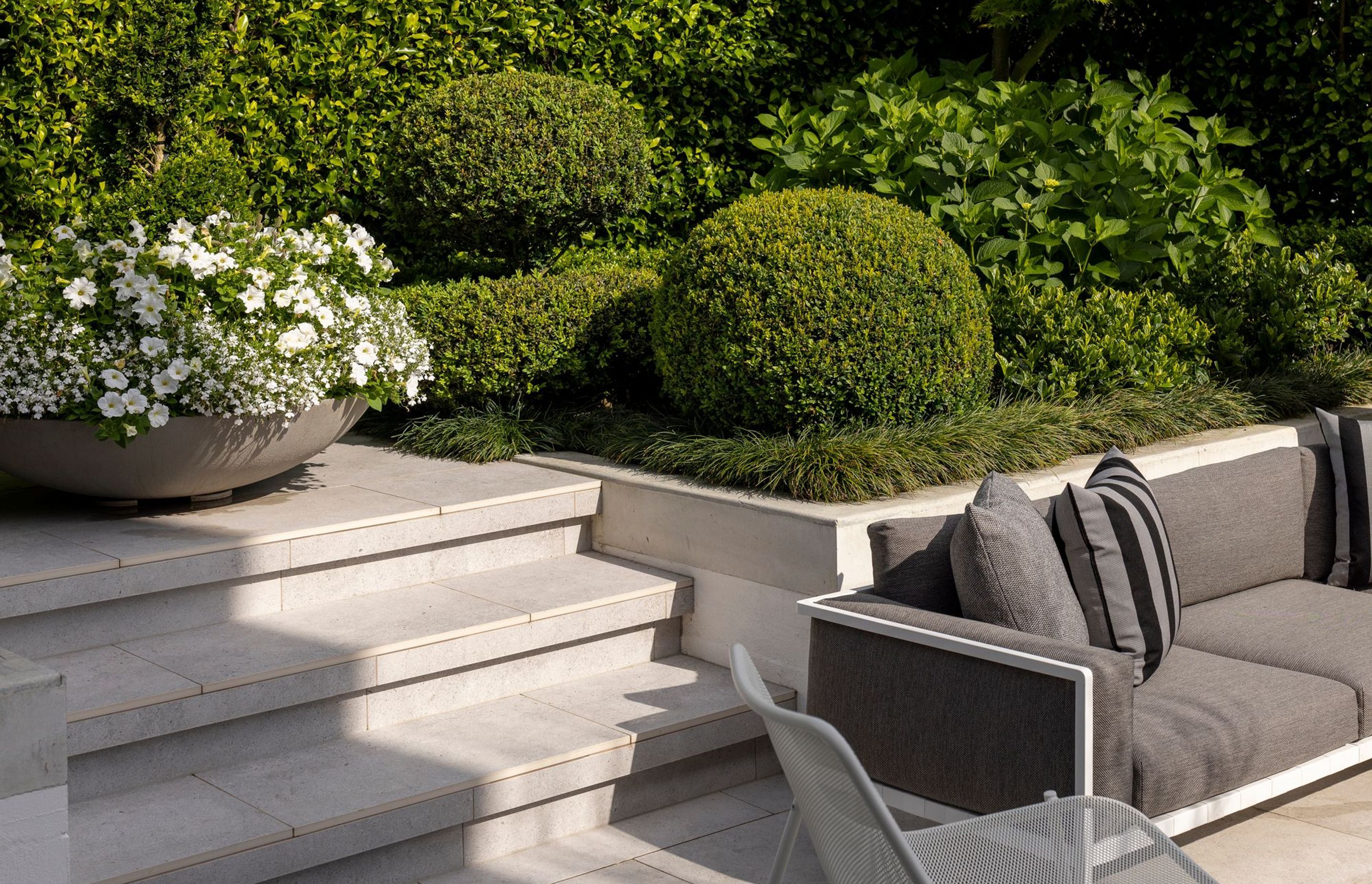  White flowers bloom in a low bowl planter.