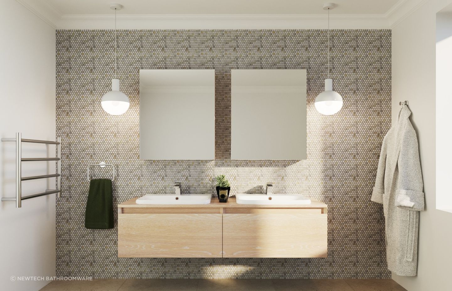 A bathroom vanity like the Ravani Double Height Wall Cabinet provides ample storage for minimalist styling.