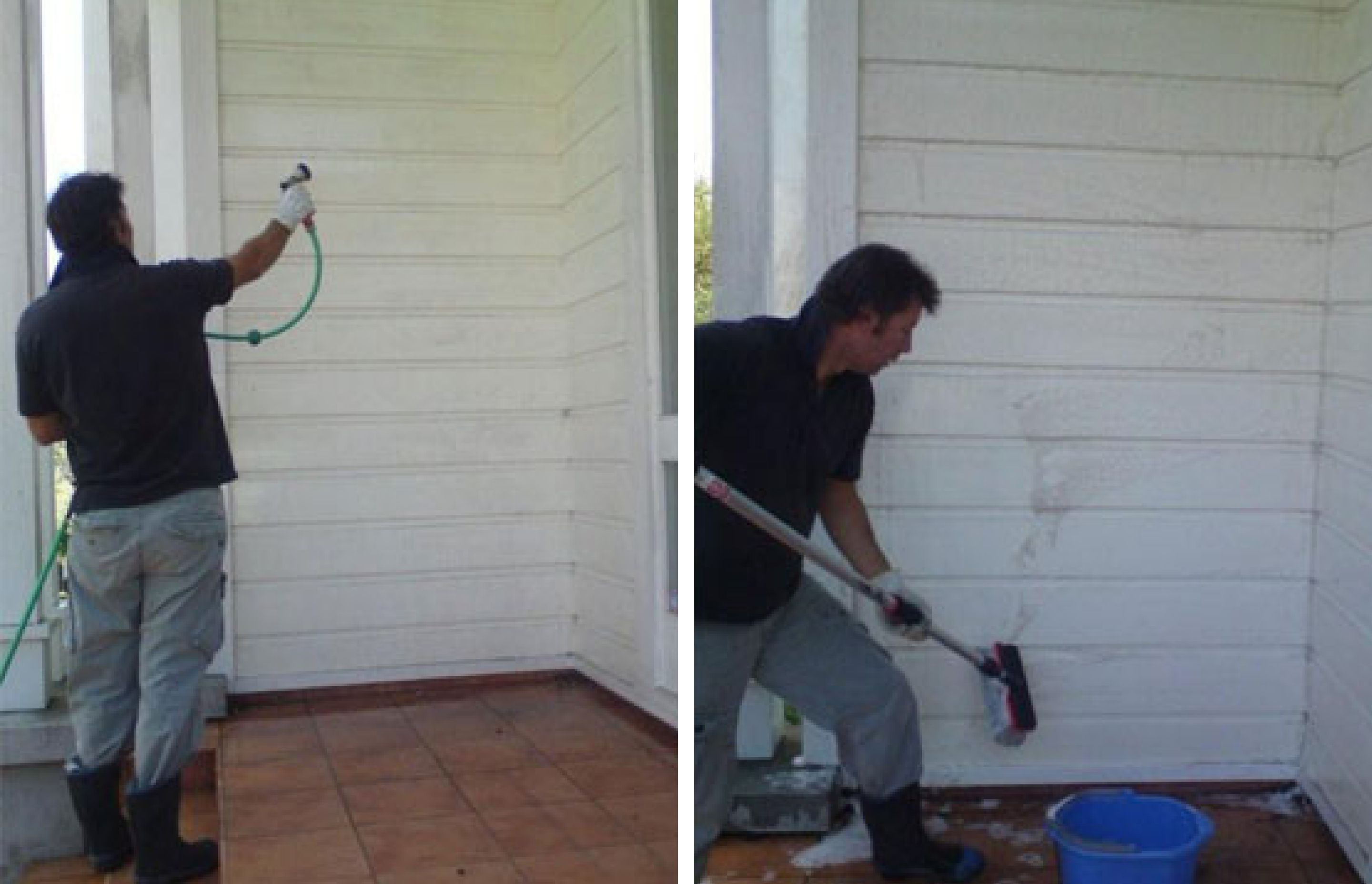 When prepping existing weatherboards, rinse down the surface to remove any loose particles, then, using a product such as Resene Paint Prep and House Wash, thoroughly wash down the surface with an outdoor brush.  A smaller brush or 3M scouring pad is idea