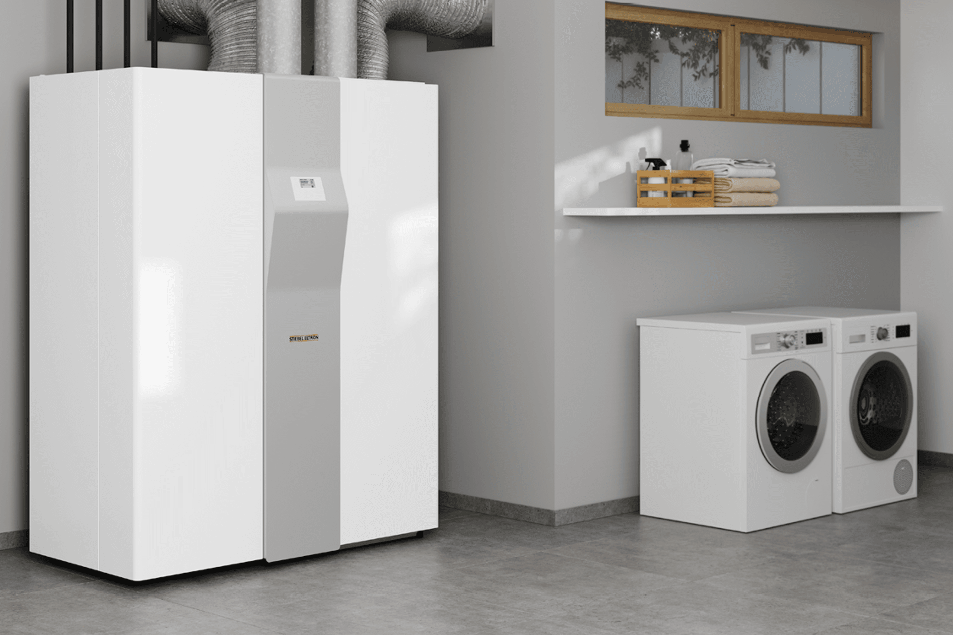 With a footprint less than 1.5 square meters, the Stiebel Eltron LWZ 8CS provides heating/cooling, hot water and ventilation services in one unit.