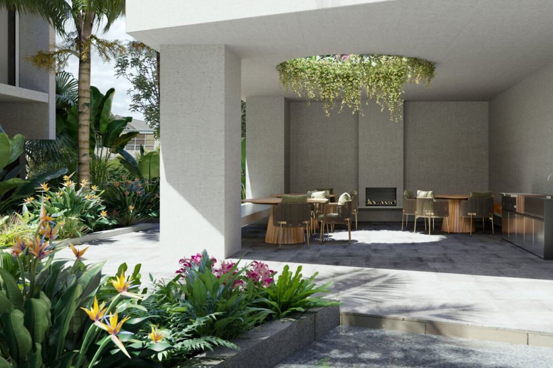 Greenery hangs down through a circular cut out in the roof of the poolside lounging and barbecue area.