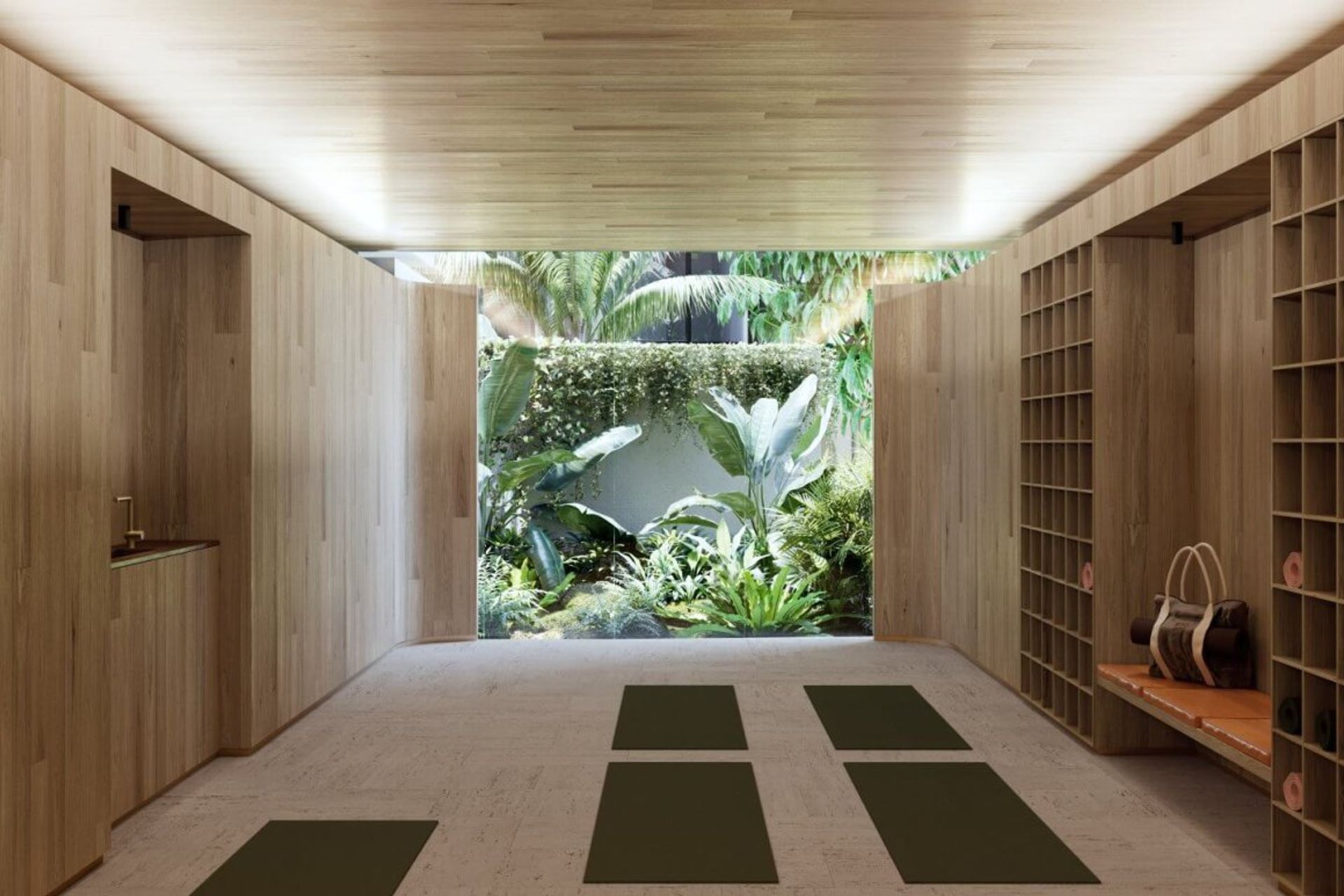 Lush tropical gardens are combined with running water and reflective surfaces throughout the lower level landscaping, while hydroponic green walls are dotted around the development.