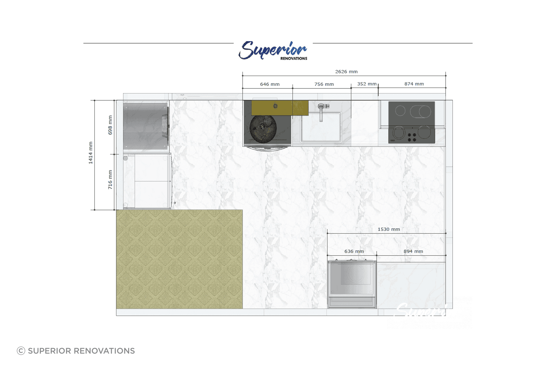 This on the other hand shows the actual measurements to create a functional kitchen