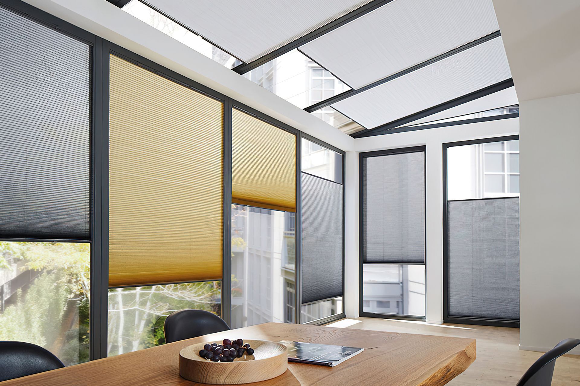 Light filtering fabric filters glare and harsh sunlight.