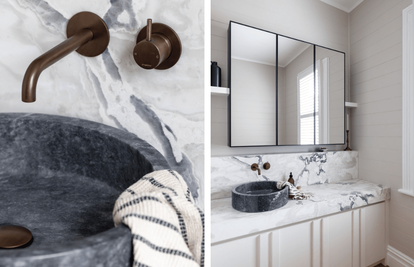 Bathroom design by Michael Murray Studios, marble accessorised with Buddy aged brass organic Tapware