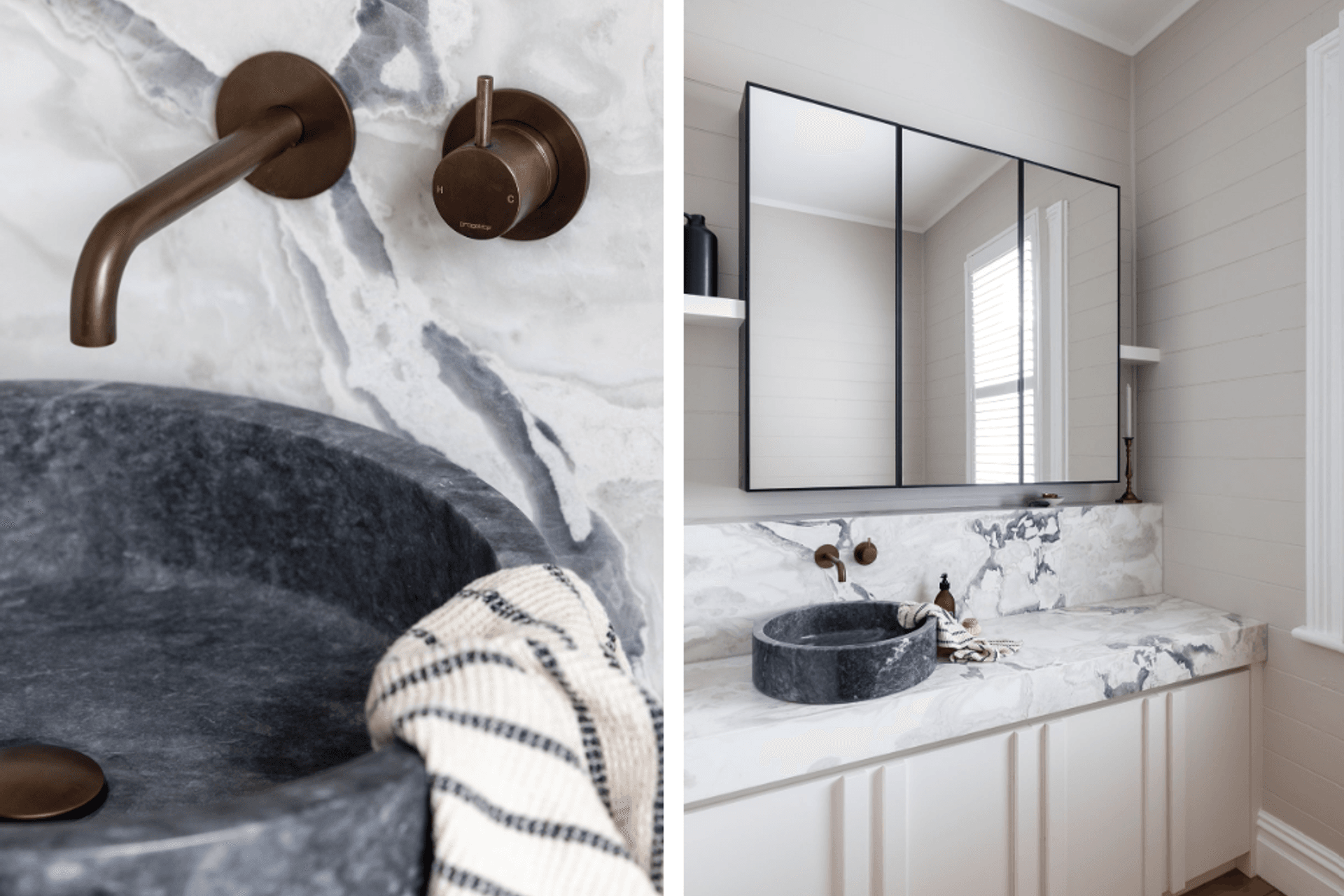 Bathroom design by Michael Murray Studios, marble accessorised with Buddy aged brass organic Tapware