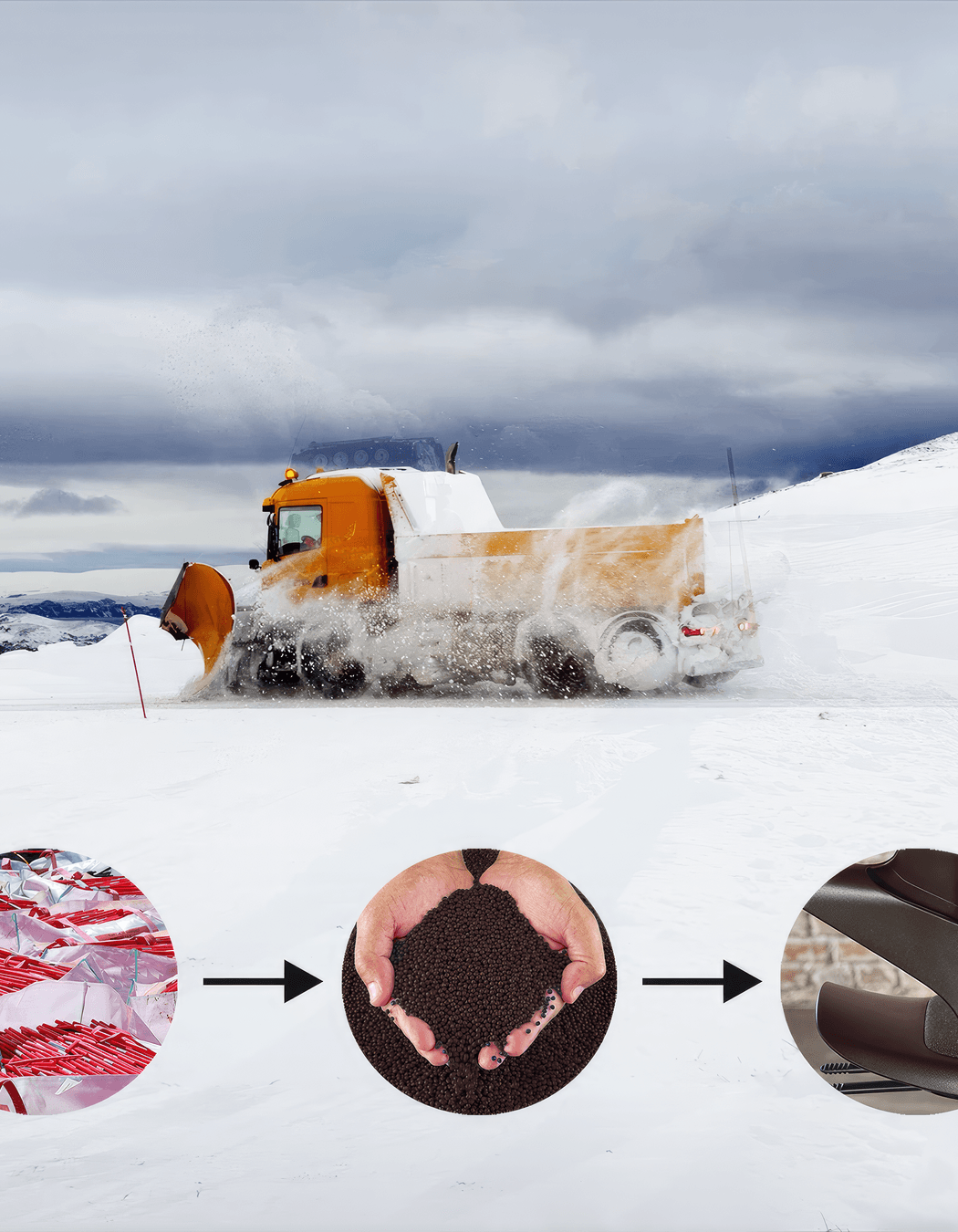 Discarded snow plough markers are processed into small chips of plastic, which are then turned into seats and back rests, for the HÅG Capisco Puls Chair model, without any additives or virgin plastic, making it 100% recycled.