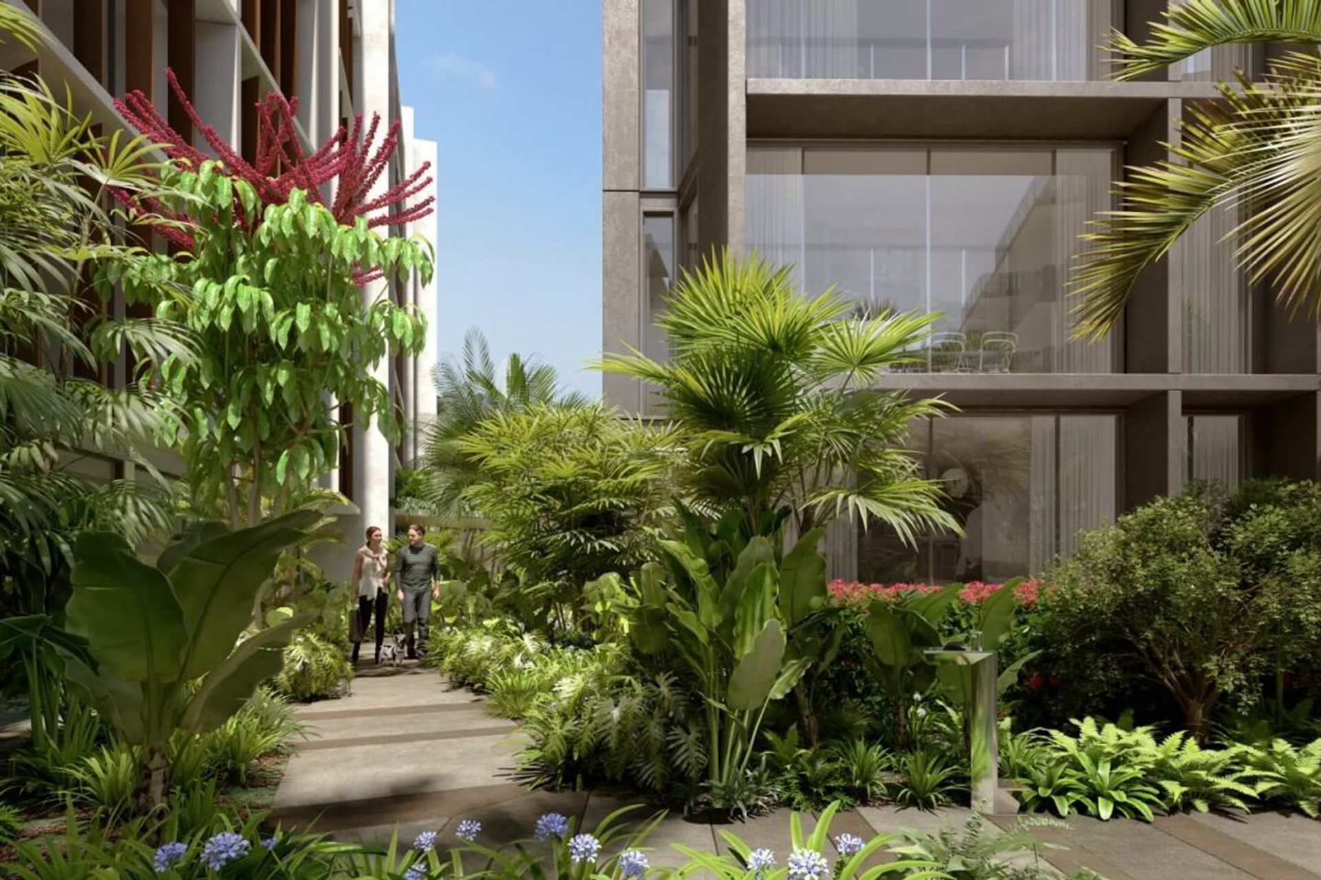 Boardwalks surrounded by lush tropical greenery and edible plants define the landscaping of the lower level, while the rooftops offer a more coastal, native aesthetic.