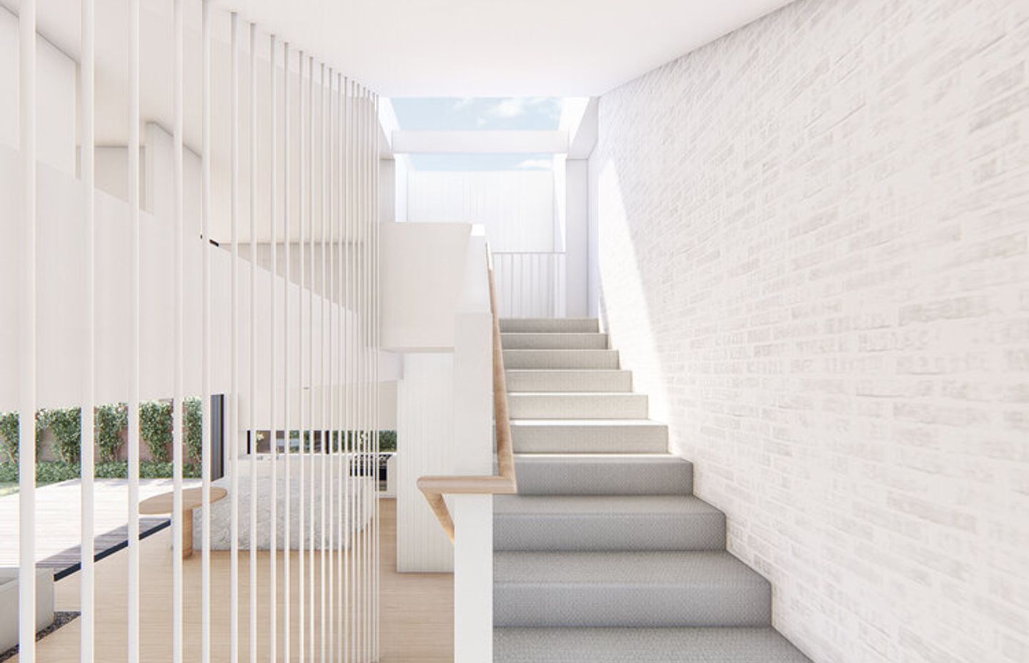 At Malvern House a skylight and double height void hep to draw light down into the darker centrepoint of the floor plan and also create visual connections between upstairs and downstairs.