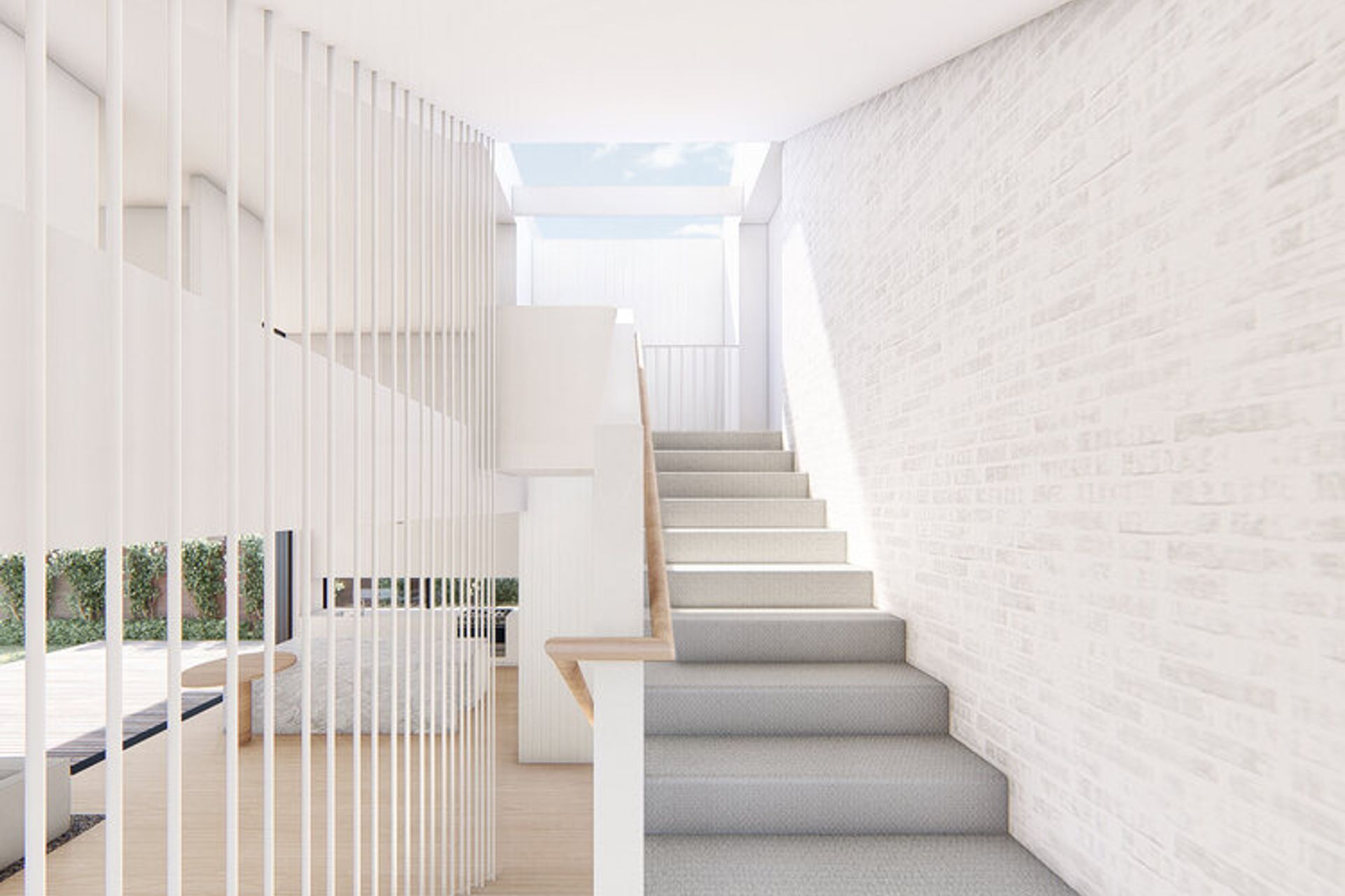 At Malvern House a skylight and double height void hep to draw light down into the darker centrepoint of the floor plan and also create visual connections between upstairs and downstairs.