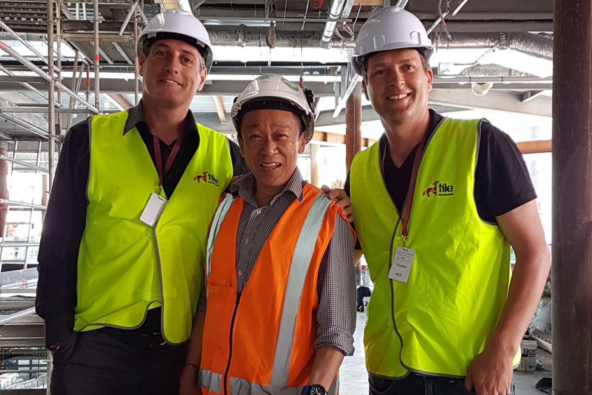 Tile Warehouse representatives Justin McNabb and Stephan Engelbrecht onsite at Westfield Newmarket during the installation of the 8000m2 of marble tiles.