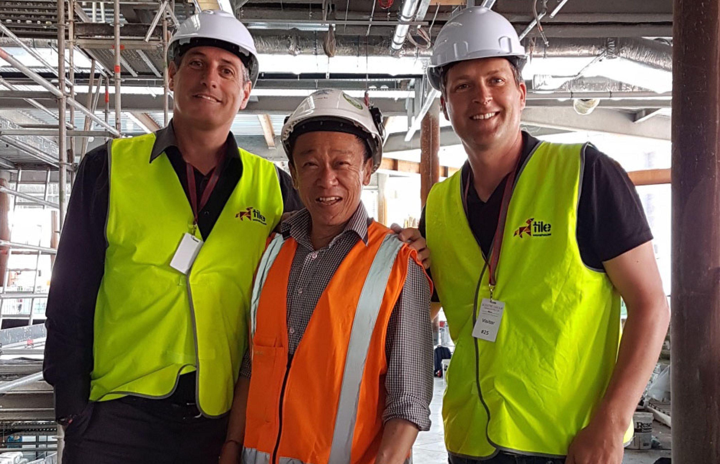 Tile Warehouse representatives Justin McNabb and Stephan Engelbrecht onsite at Westfield Newmarket during the installation of the 8000m2 of marble tiles.