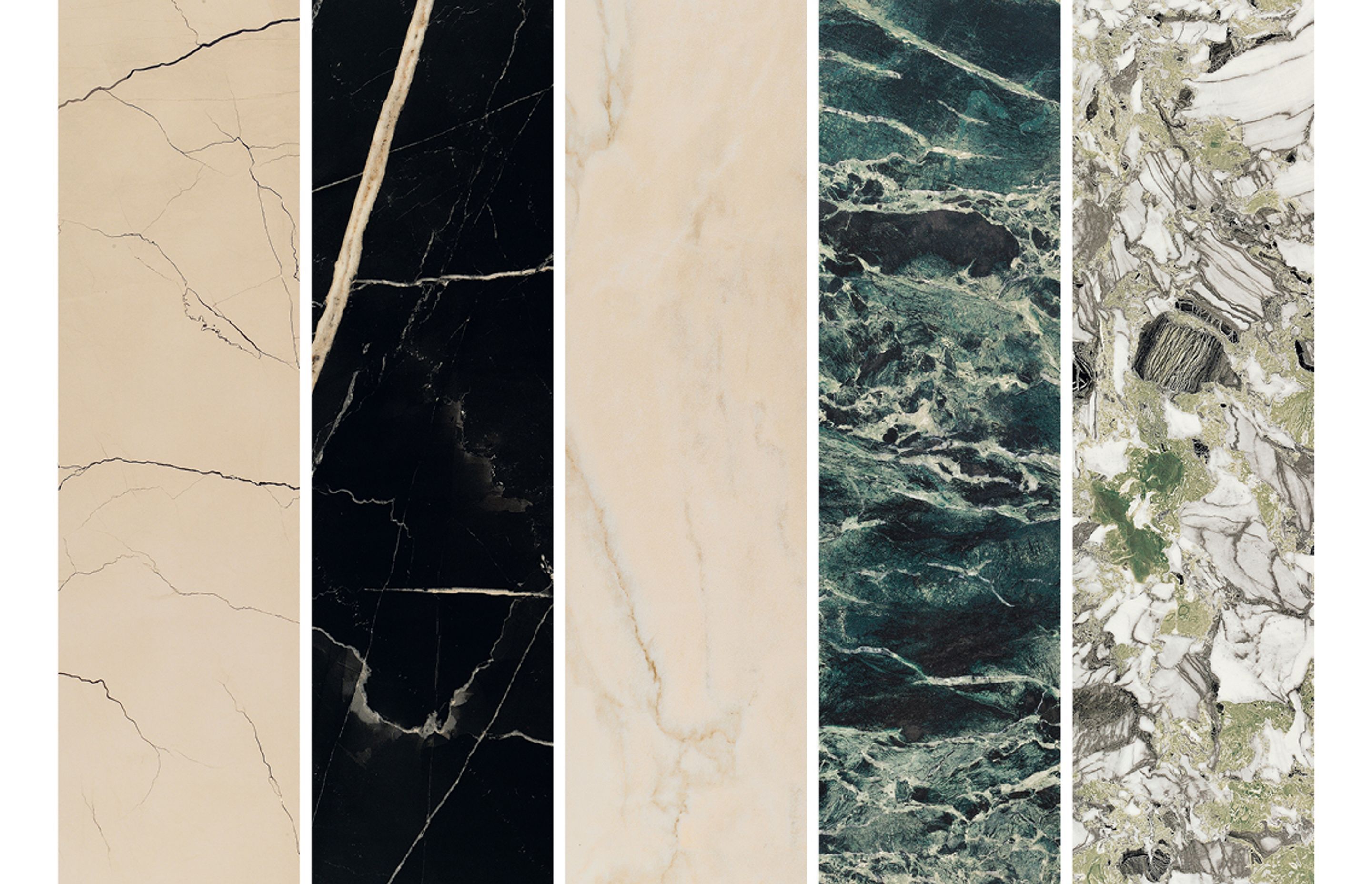 The five base tiles of the Sound of Marbles collection, from left: Beige Antico, Nero Fondo, Rosa Cipria, Verde Intenso and Screziato Vivace.