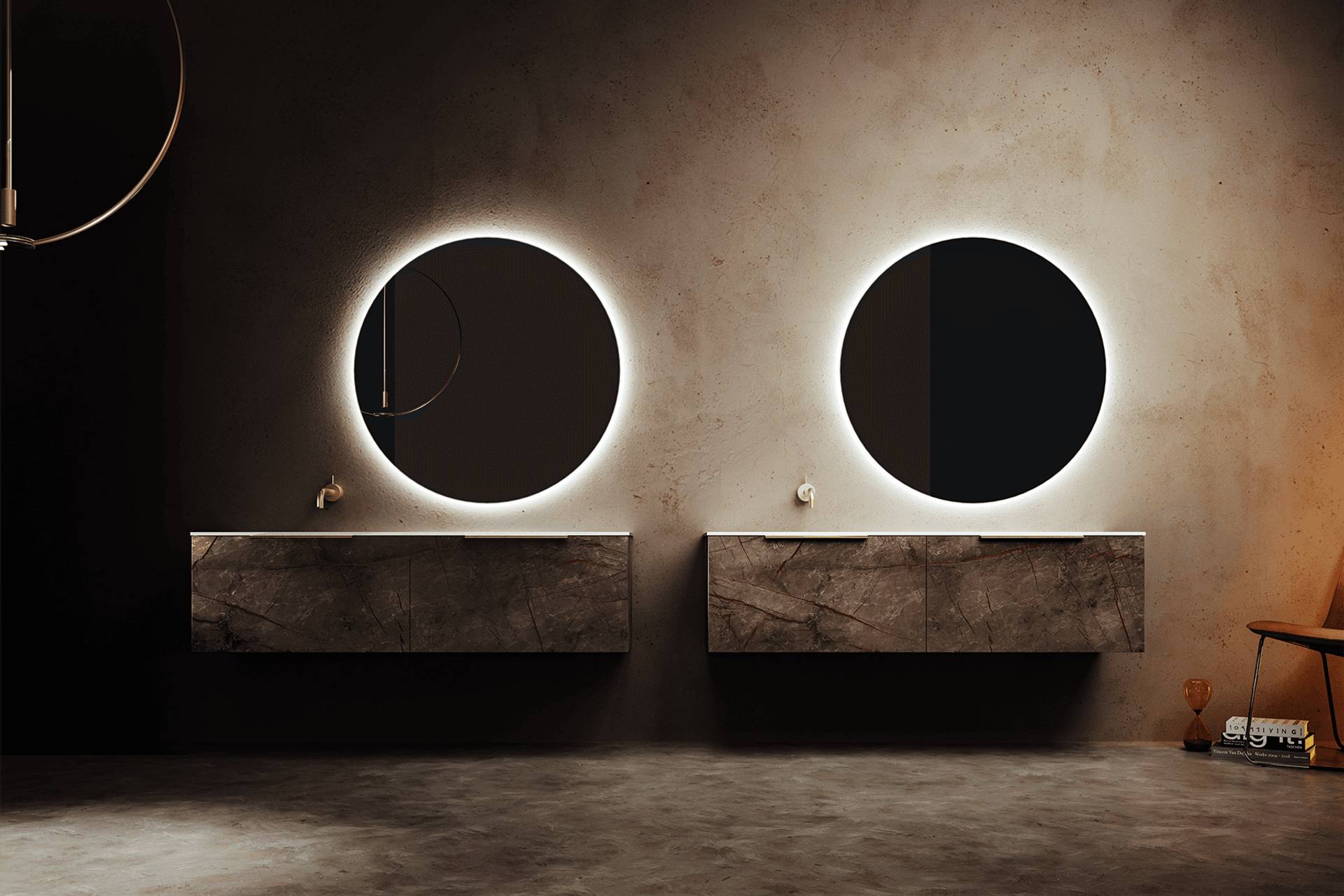 The rich browns and burgundy of Toscana marble look vanities in Caspio