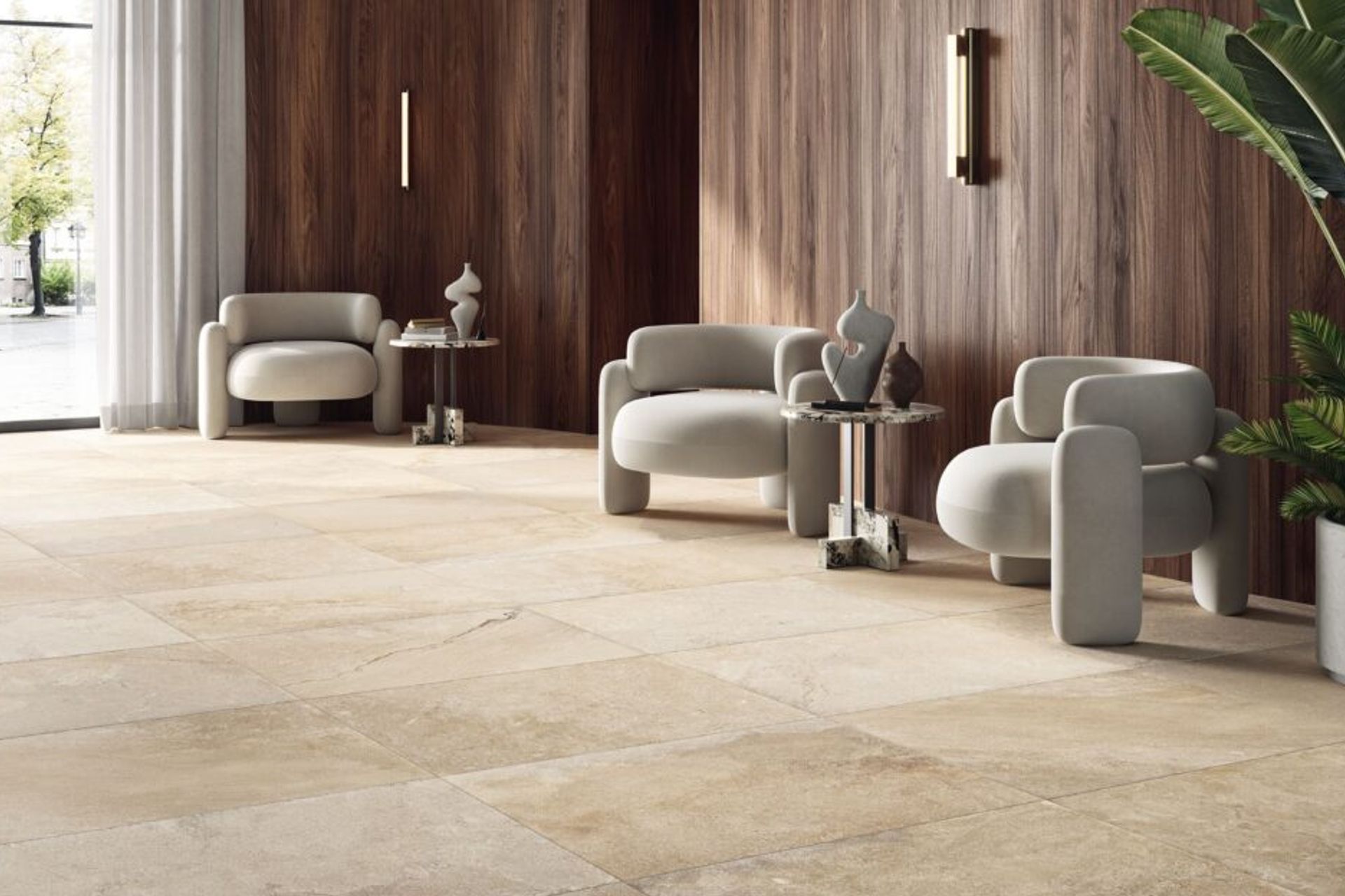 Pictured: Tuffeau Dorato porcelain tile