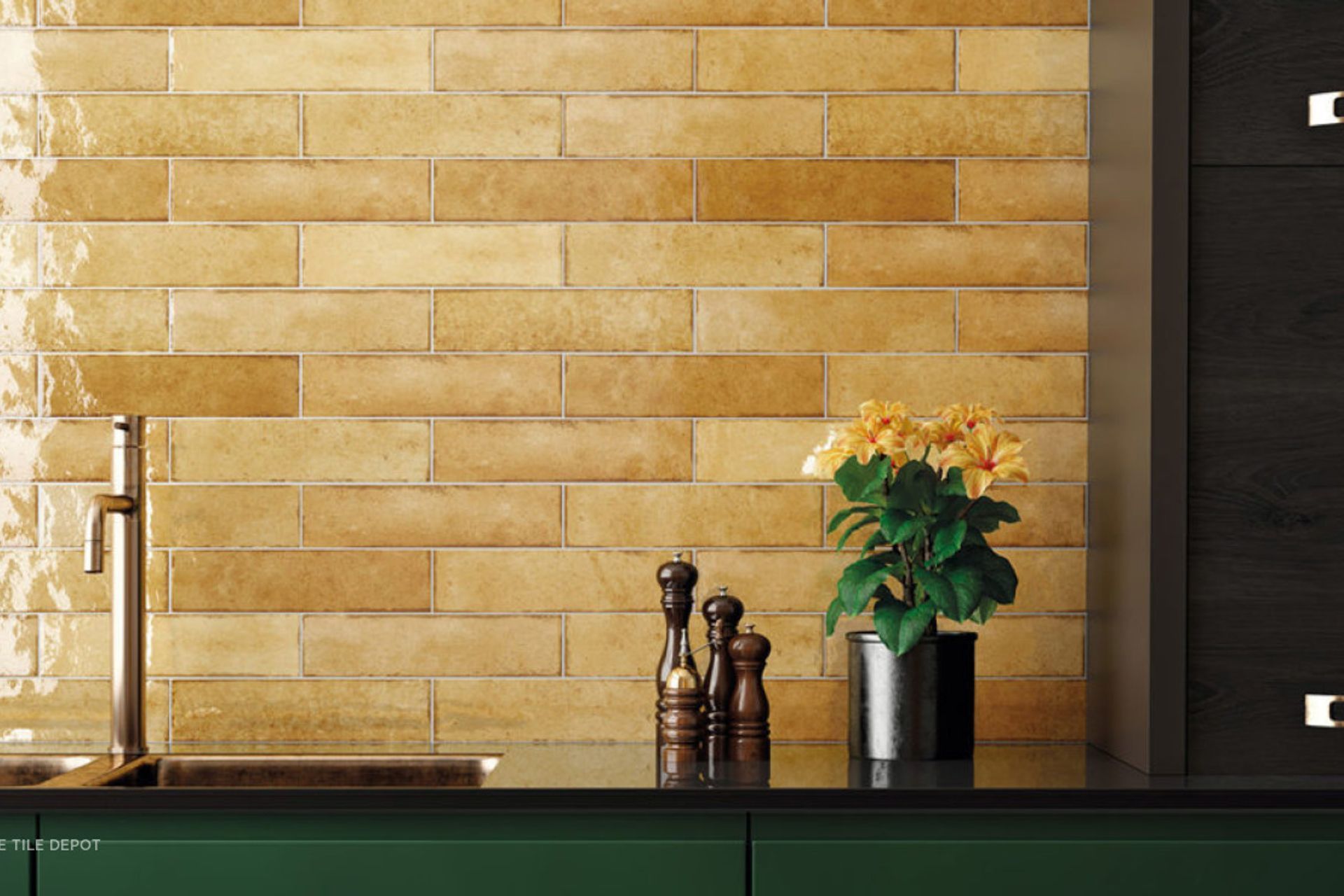 Warm yellow tiles are used in this kitchen as a splashback. These tiles are from the Tribeca collection at Tile Depot and this range comes with various warm coloured tiles. (Tile Depot 2021)