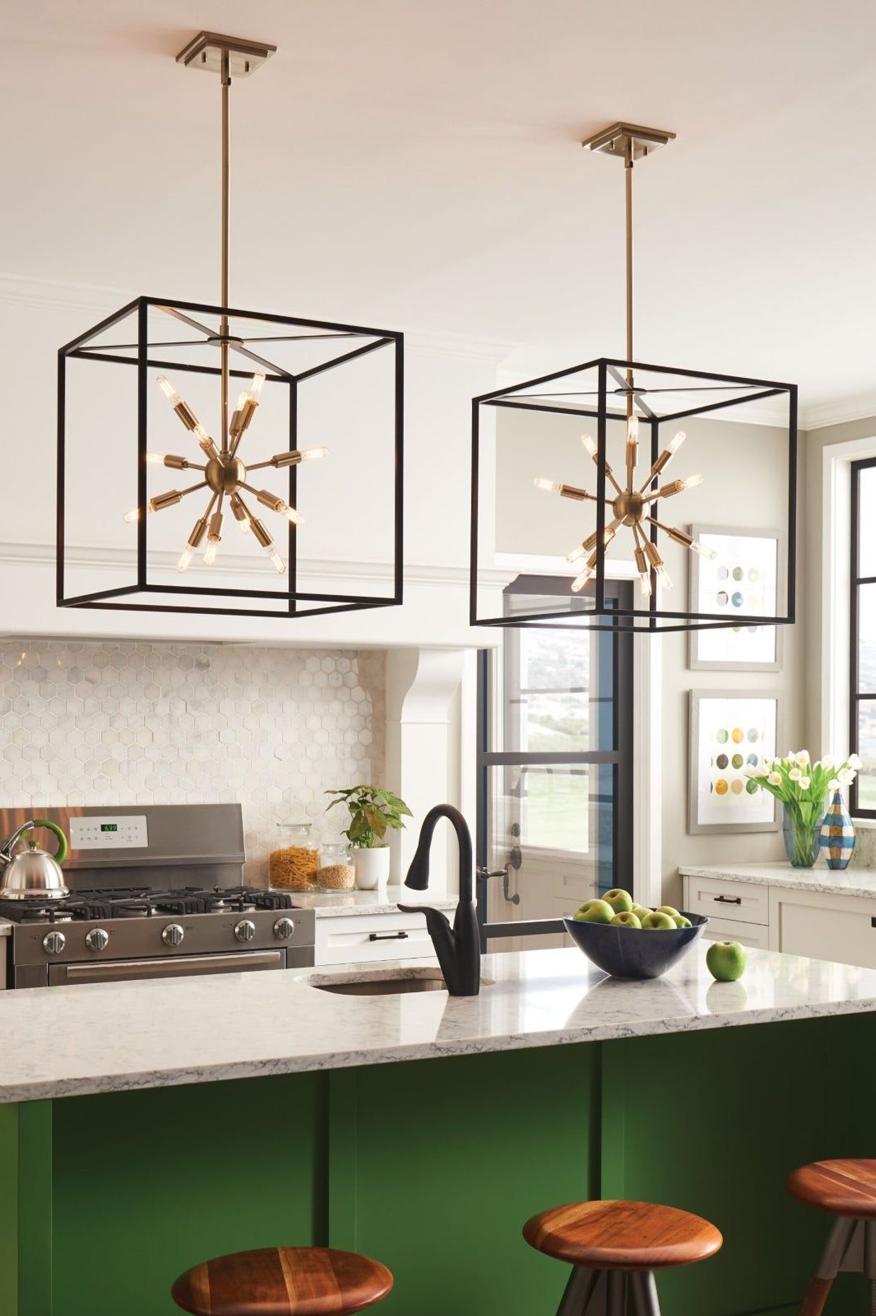 These pendant lights look great alongside the kitchens neutral tones. Featured product: Aros Collection by Urban Lighting.